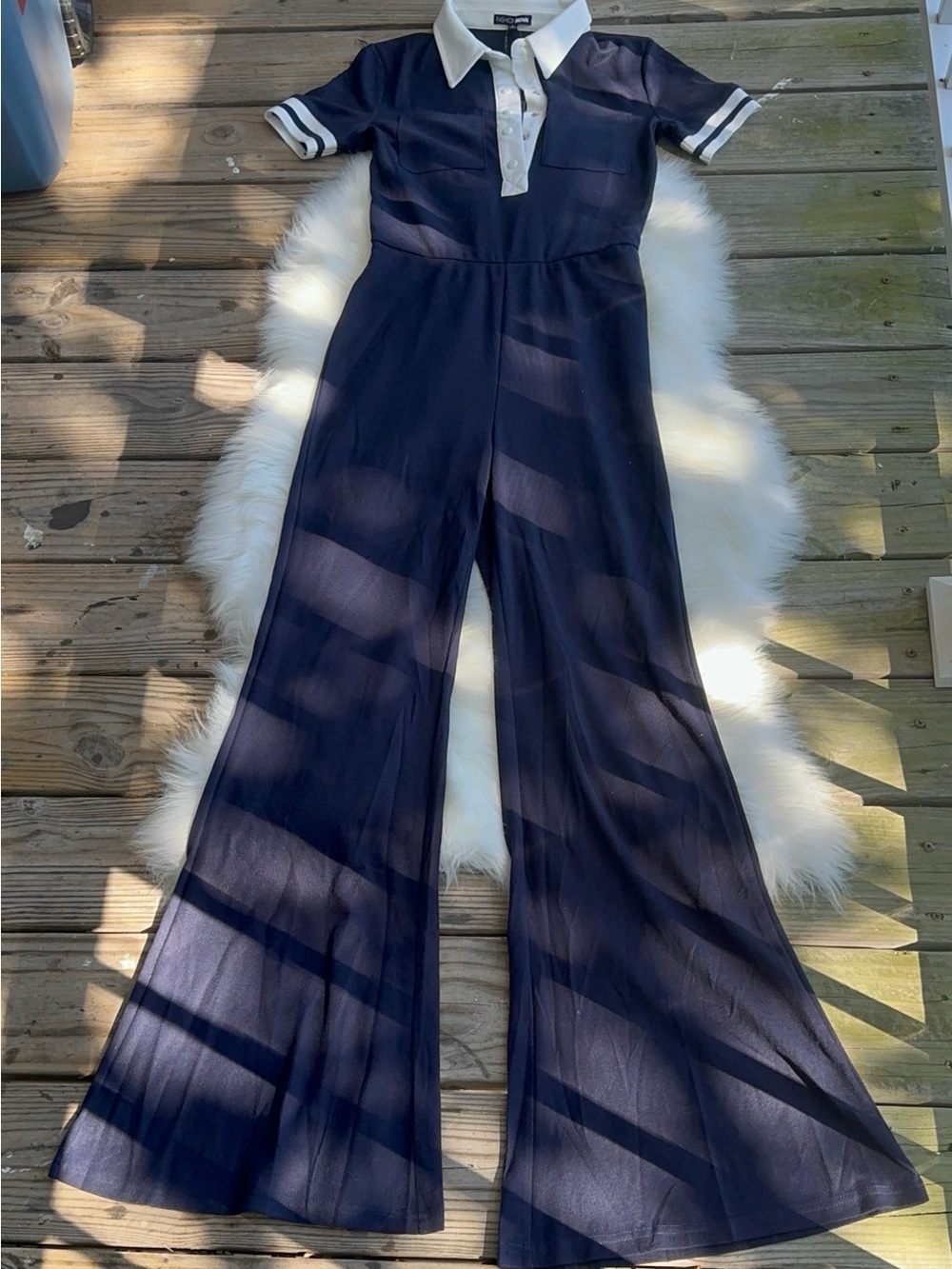 Fashion Nova Navy Polo-Style Wide-Leg Dianna Jumpsuit with White Trim - Picture 3 of 10